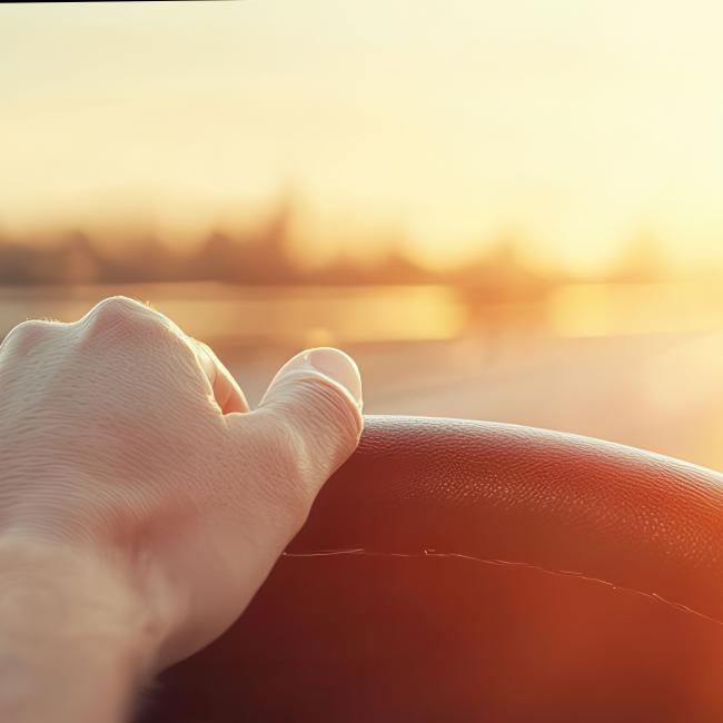 Hand on steering wheel